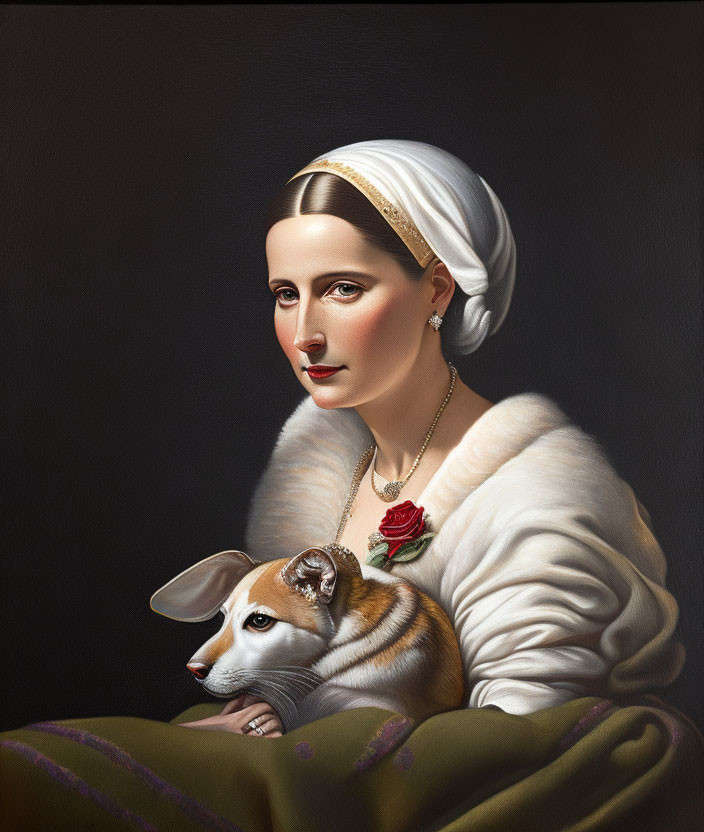 Serene woman in headscarf holding fawn with rose collar
