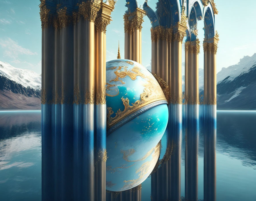 Ornate blue and gold spherical object between classical columns by mountain lake