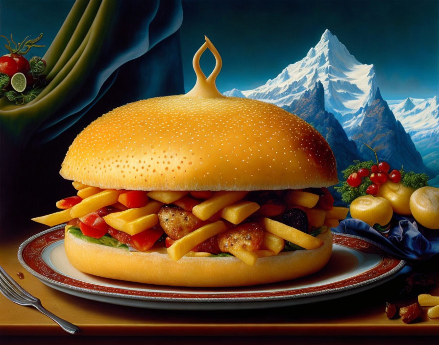 Surreal Cheeseburger Still-Life with Mountain Peaks