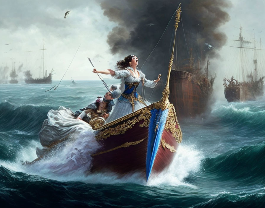 Historical painting of woman on boat in stormy seas with ships and smoke.