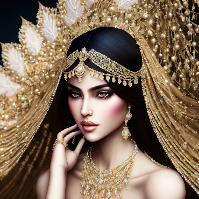 Regal woman with golden headdress and jewelry