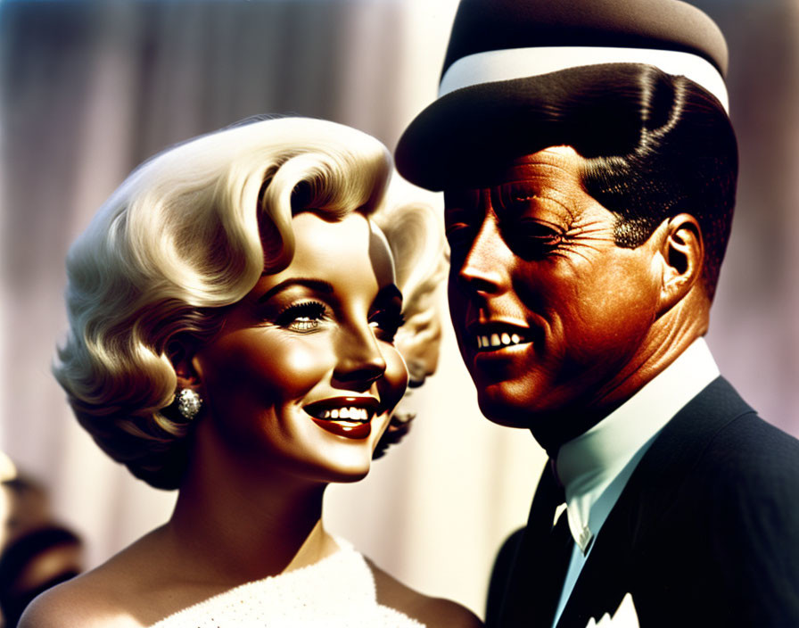 Illustration of smiling man in top hat and woman with blonde hair against curtain backdrop