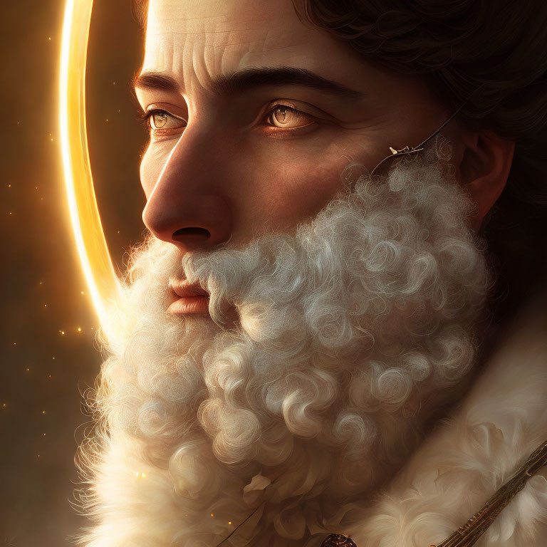 Portrait of a pensive man with white beard and halo in classical attire
