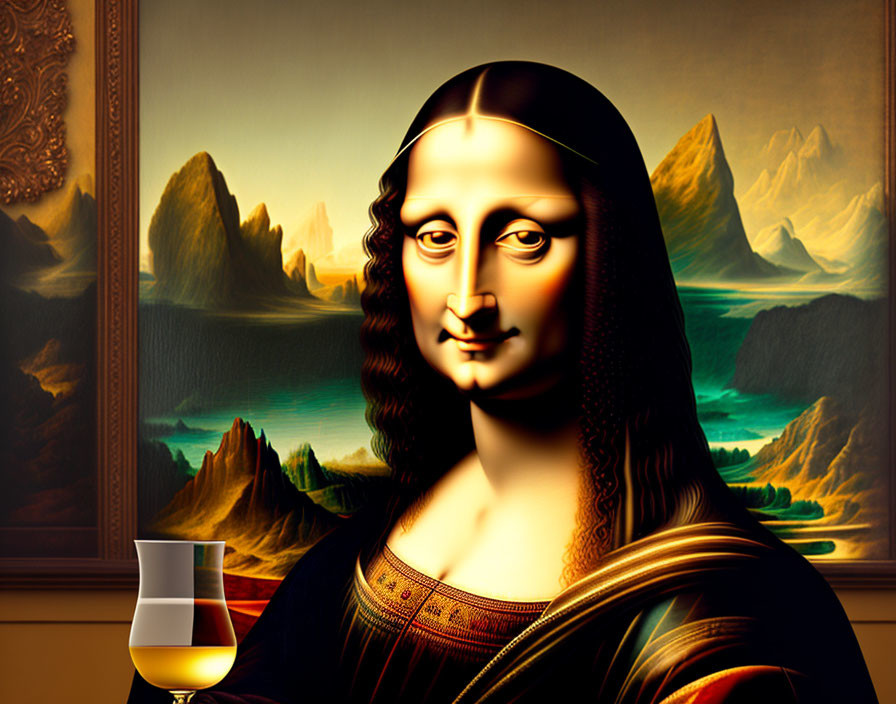 Mona Lisa drinks a glass of Chianti