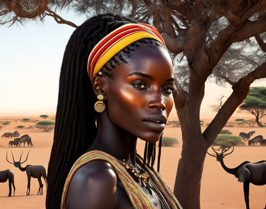 Colorful Headband Woman Admires Savanna Scene
