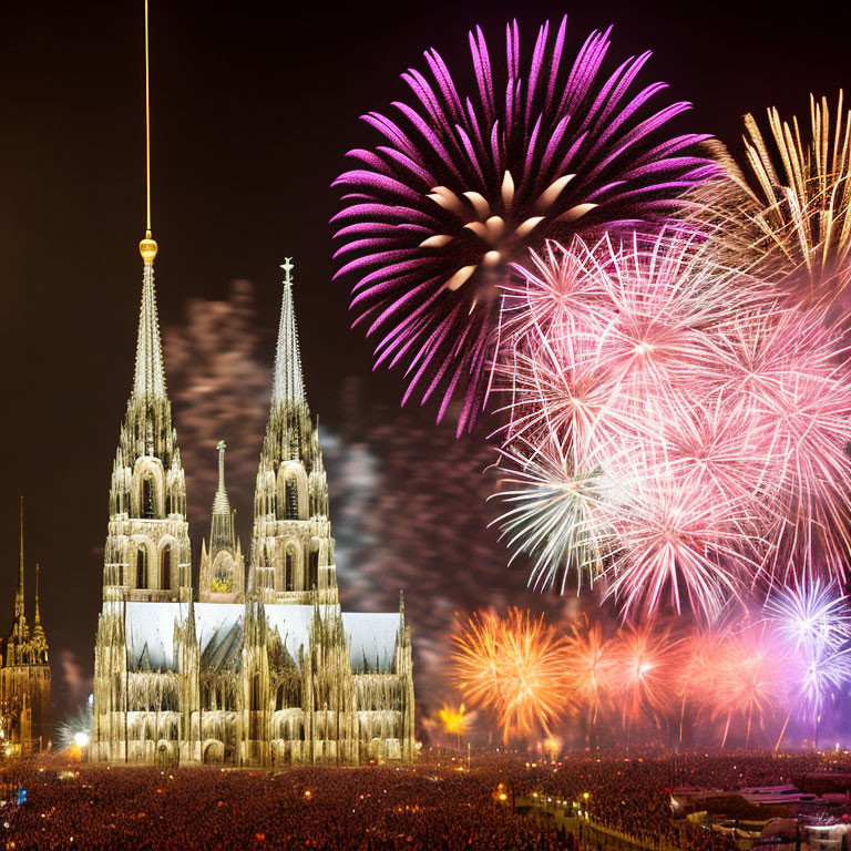Colorful fireworks over Cologne Cathedral at night