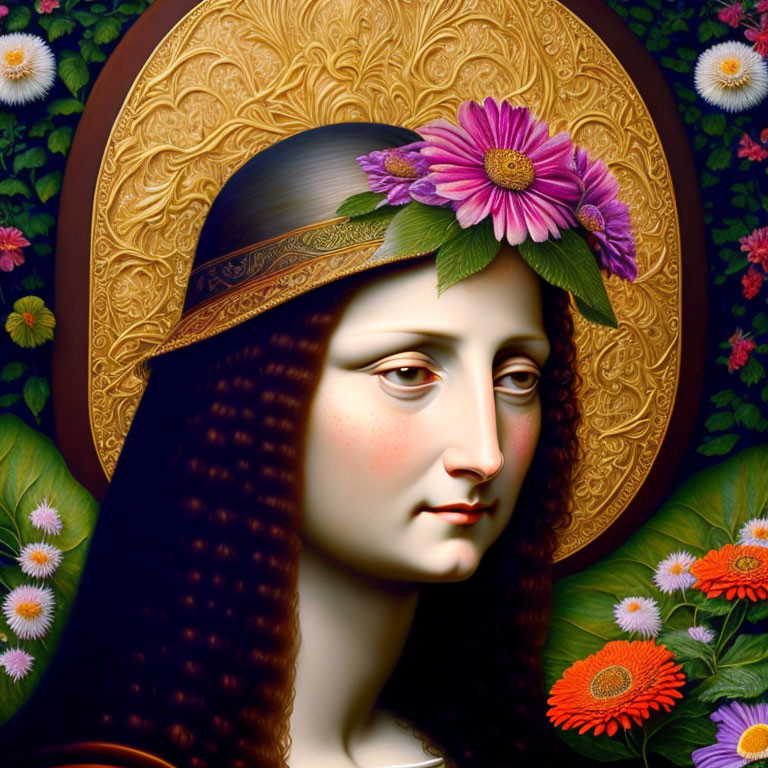 Digital artwork: Woman with flower crown and ornate halo in lush floral setting