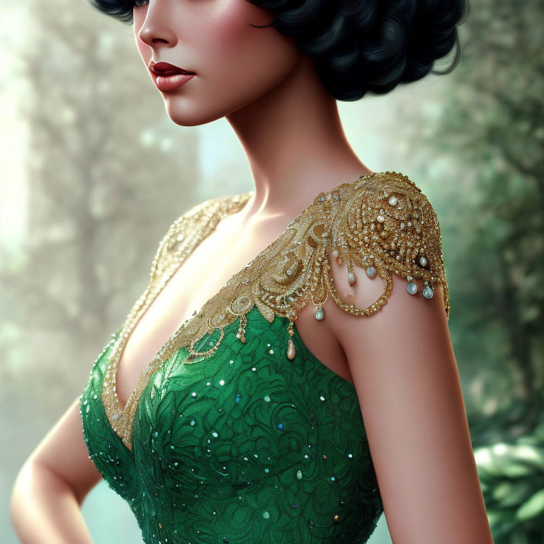 Illustration of Woman in Black Hair & Green Beaded Dress