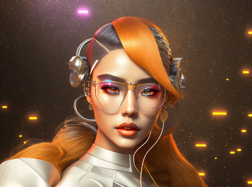 Futuristic digital artwork of a woman with glowing elements against starry background