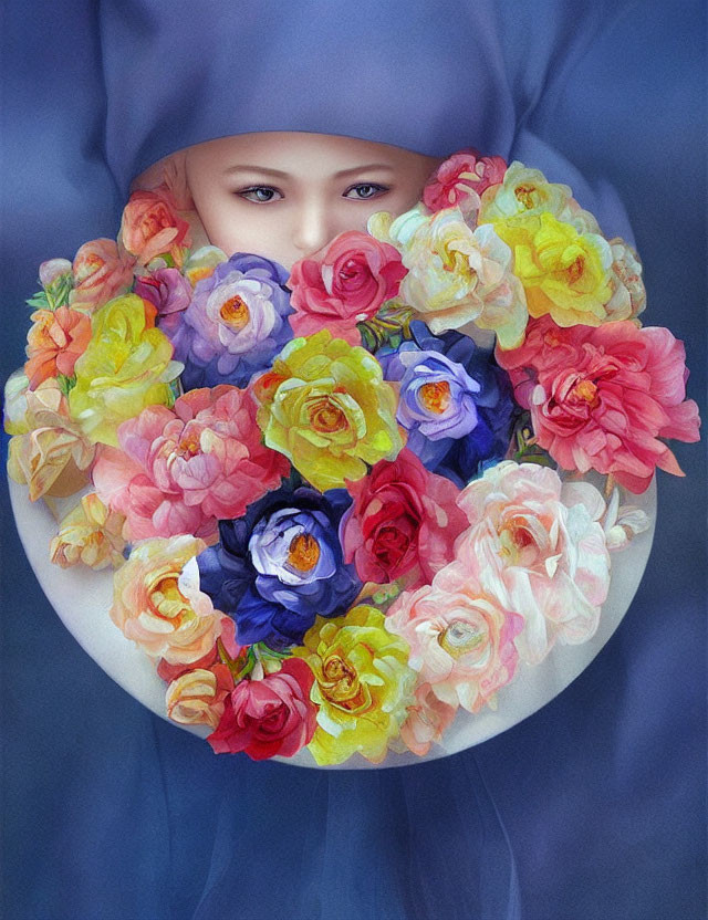 Child's Face Surrounded by Multicolored Flowers on Blue Fabric