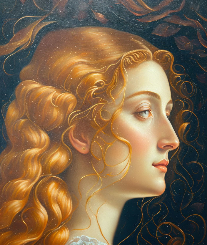 Profile of woman with golden hair on dark background