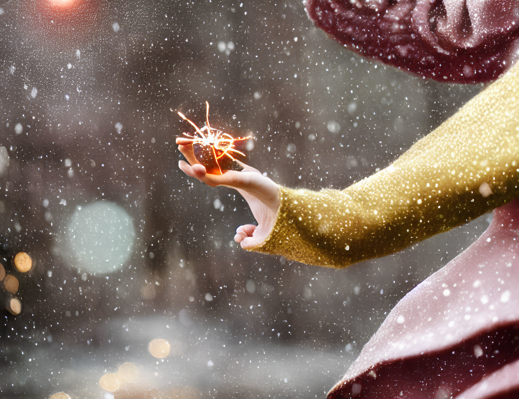 Person holding sparkling light in falling snowflakes.