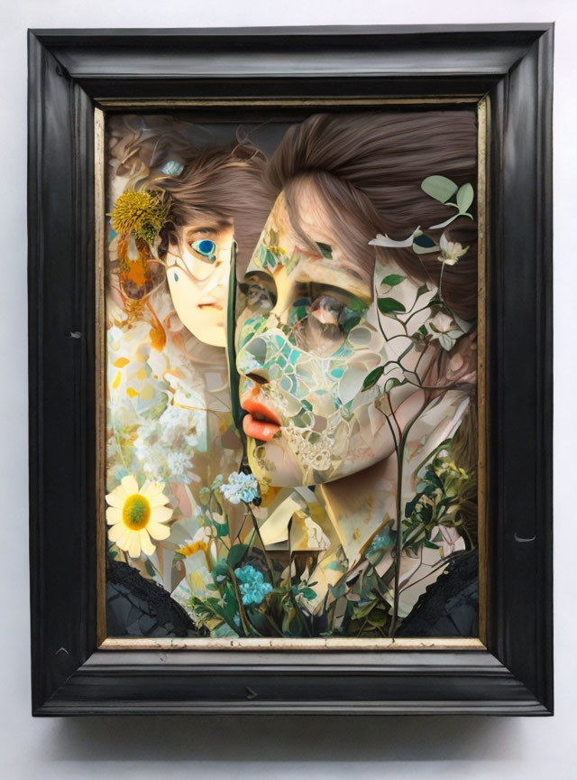 Layered Artwork: Fragmented Faces with Floral Elements in Black Frame
