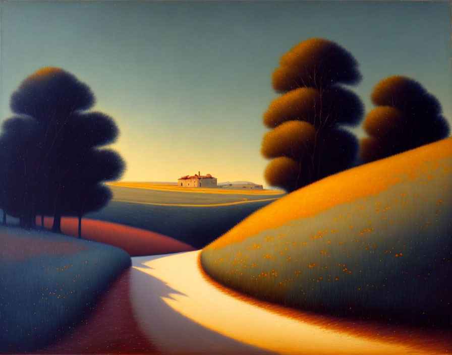Tranquil landscape painting: winding path, rolling hills, stylized trees, lone house, twilight