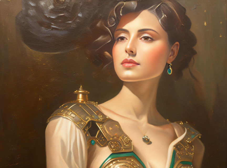 Stylish woman with golden shoulder armor gazing sideways