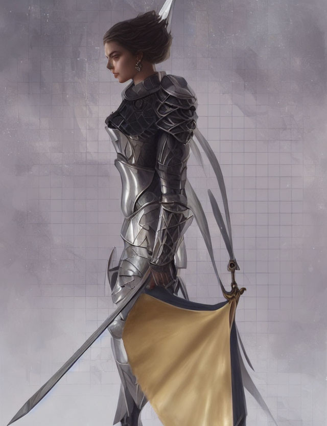 Digital artwork: Woman in silver armor with golden cloth, holding sword, on grey backdrop