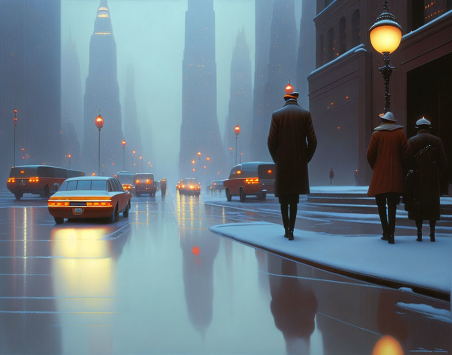 Group of people in overcoats and hats walking on snowy street at dusk