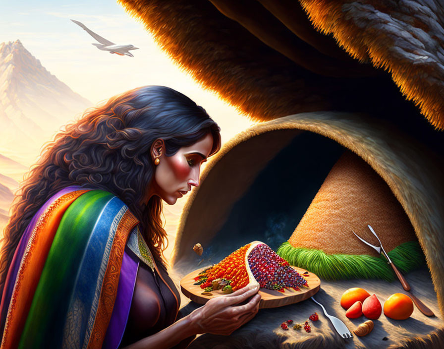 Woman preparing berries in colorful shawl with straw hat and feather in cave, bird and mountains in background