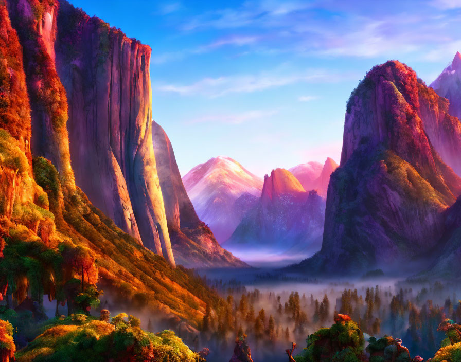 Majestic landscape with cliffs, valleys, and lush forests under radiant sky