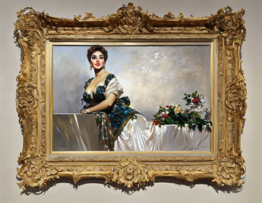 Woman in Green Dress Beside Floral Arrangement in Ornate Golden Frame