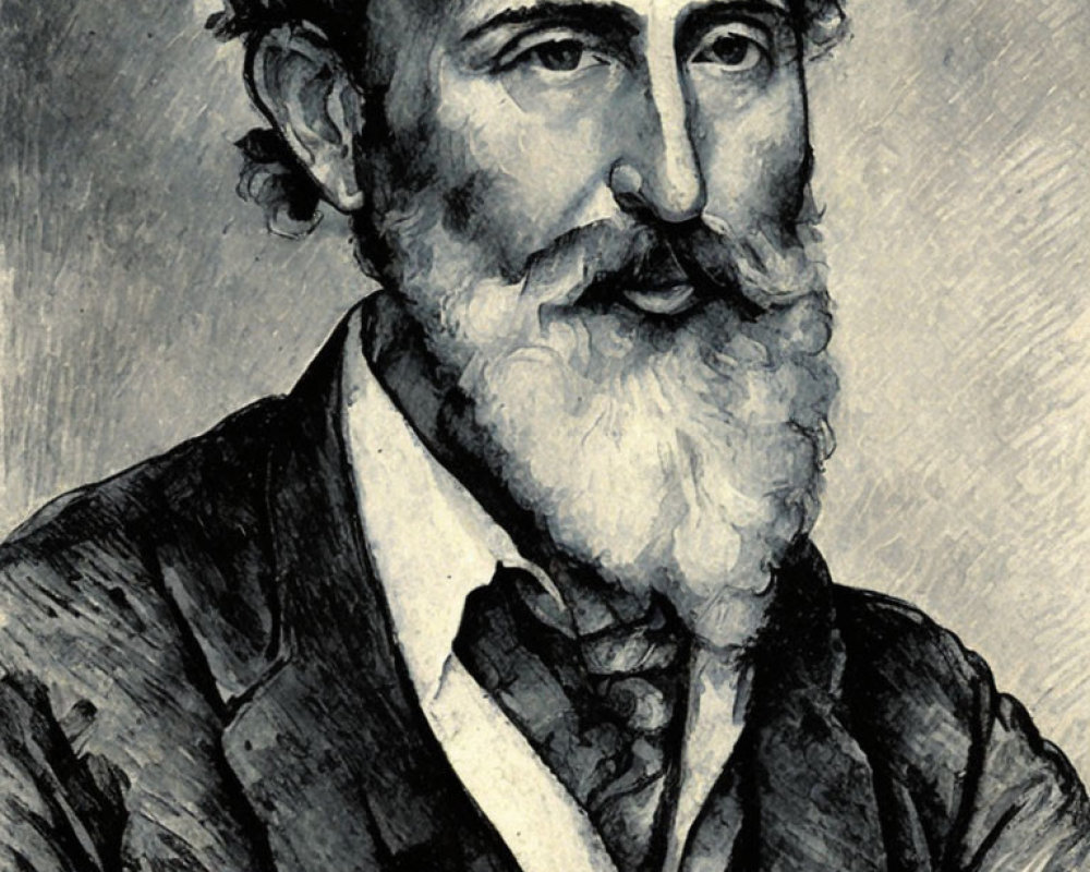Monochrome illustration of a bearded man in suit with cravat