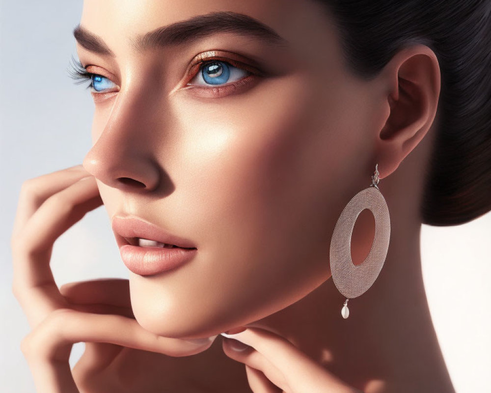 Close-up portrait of woman with striking blue eyes and silver hoop earring