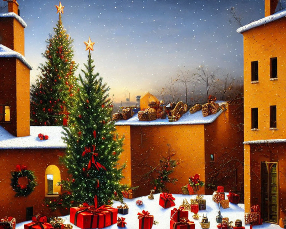 Festive Christmas painting with snow-covered courtyard, decorated tree, gifts, and warm-lit houses