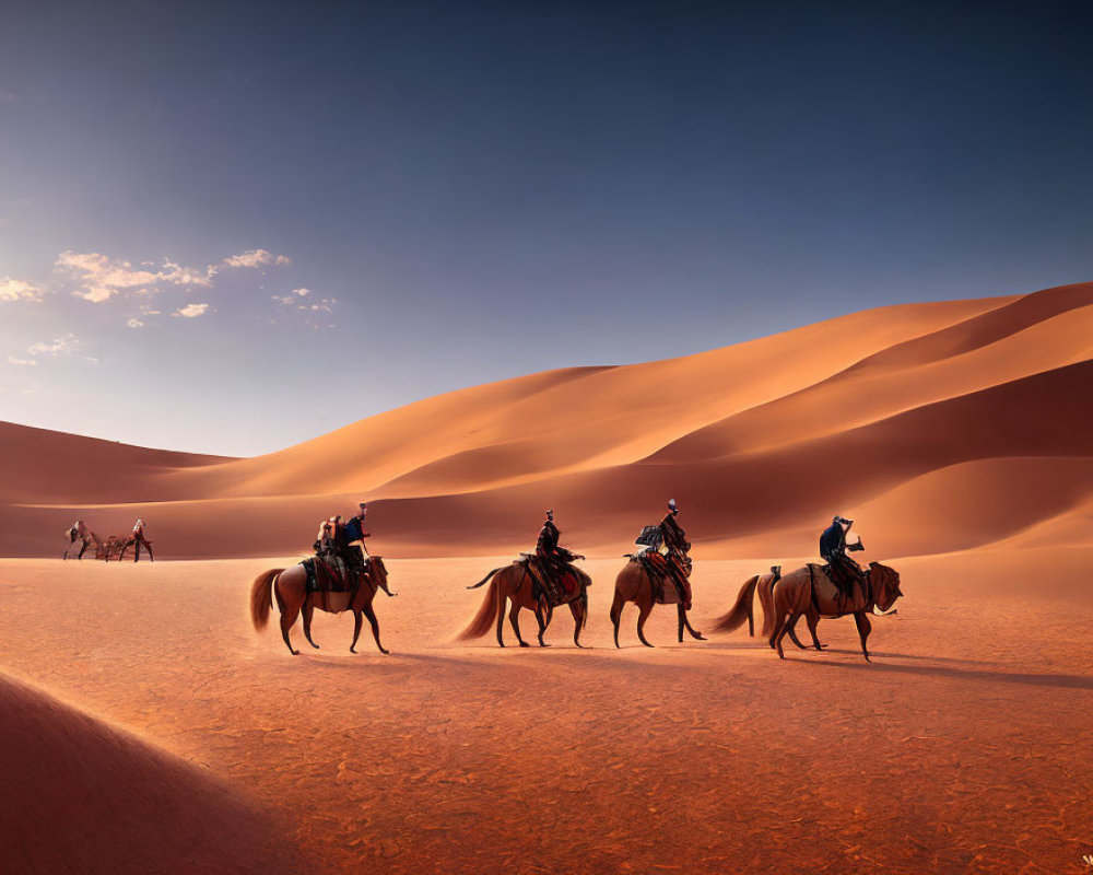 Group of Camel Riders Crossing Sand Dunes under Blue Sky