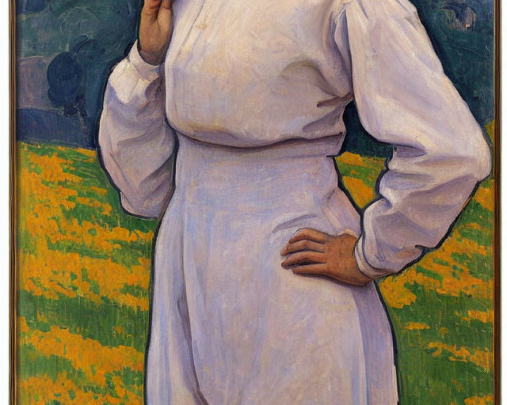 Woman in white dress among yellow flowers and green hills