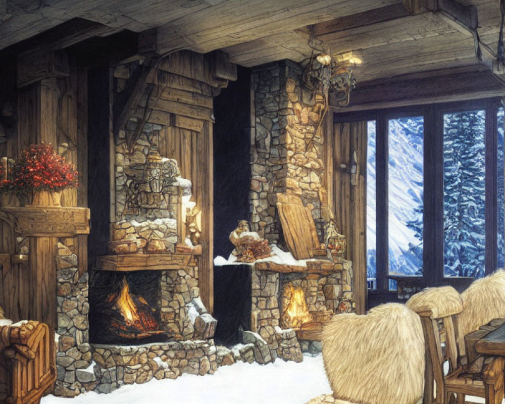 Rustic mountain cabin interior with stone fireplace, wooden furniture, and snowy peak view