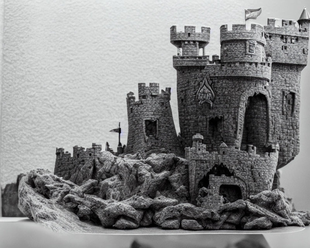 Miniature castle with turrets, flags on rocky base, white shelf display
