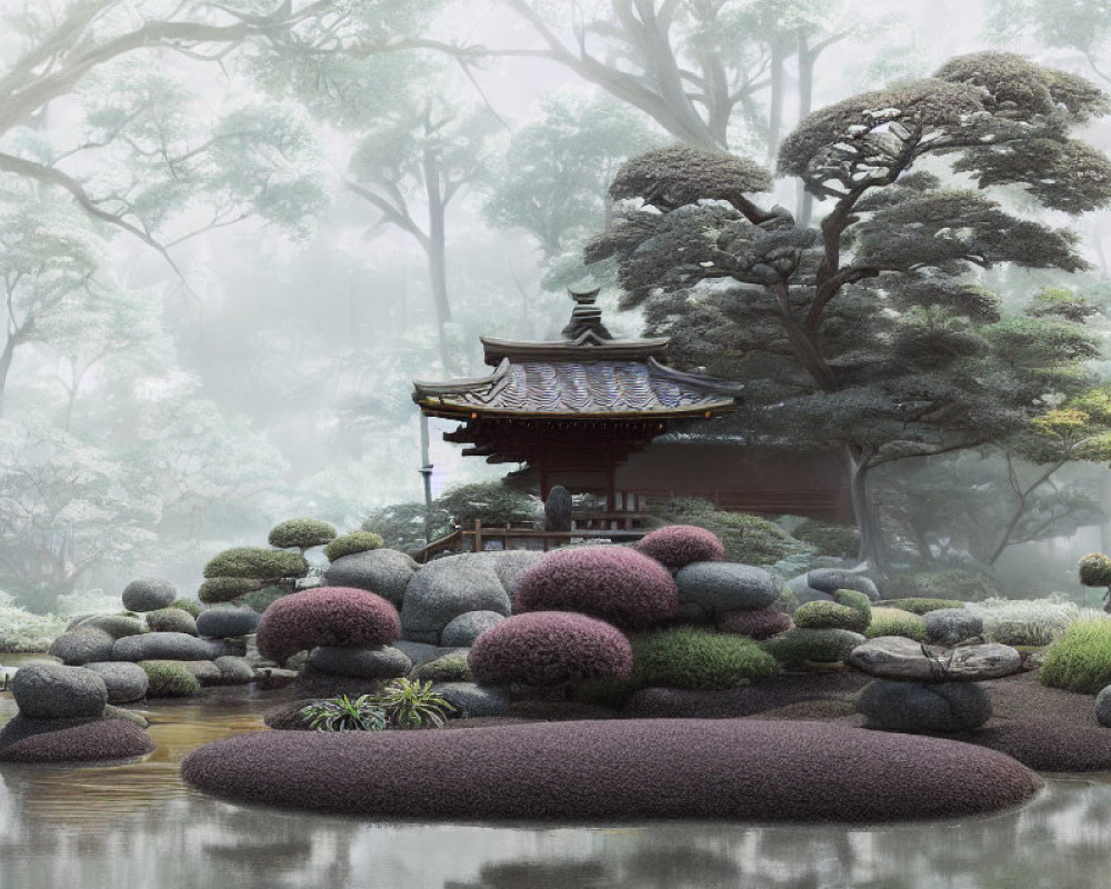 Tranquil Japanese Garden with Moss-Covered Stones & Gazebo