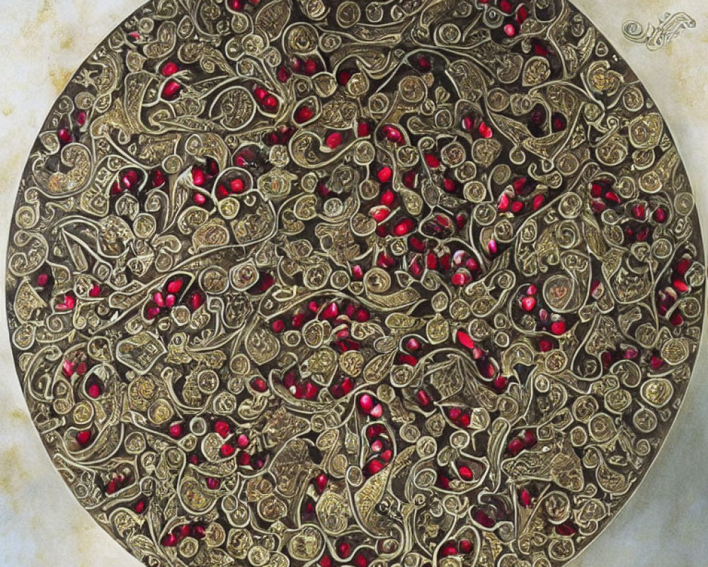 Intricate Gold and Red Circular Ornate Pattern on Aged Parchment Background