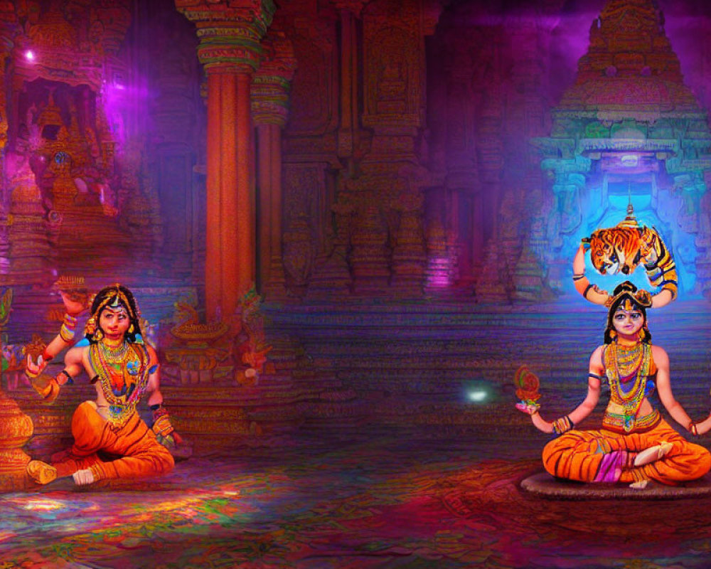 Vibrant Hindu deities in temple with tiger and blue aura