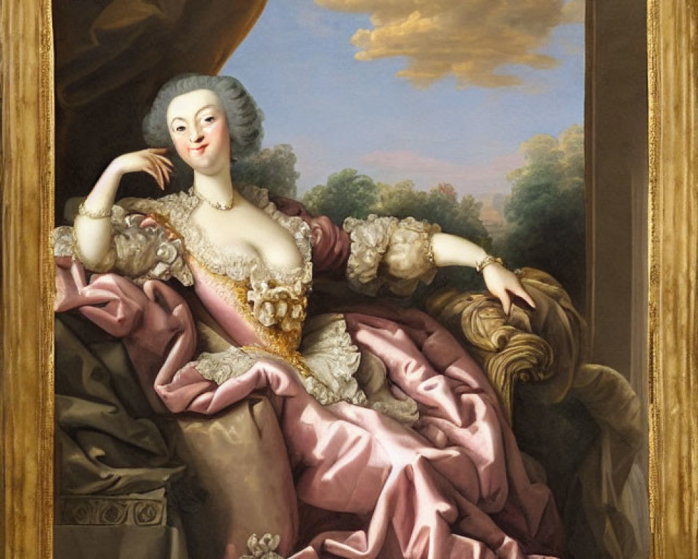 18th Century Oil Painting of Elegantly Dressed Woman in Luxurious Setting