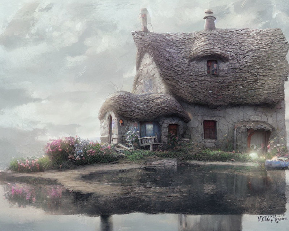 Quaint stone cottage with thatched roof by tranquil pond surrounded by lush flowers