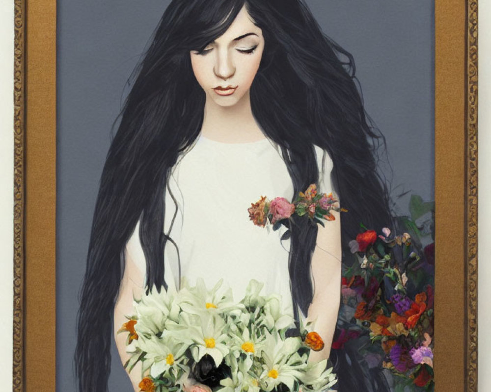 Framed Artwork of Woman with Black Hair and Flowers