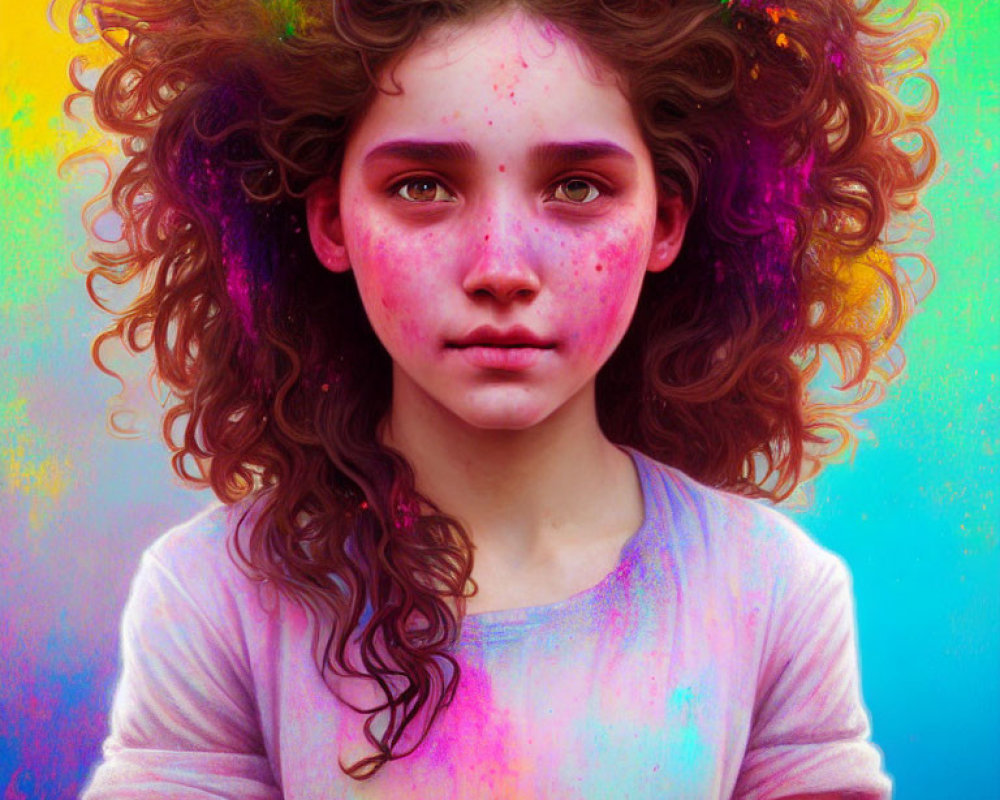 Curly-Haired Girl with Freckles in Colorful Powder Paint on Blue Background