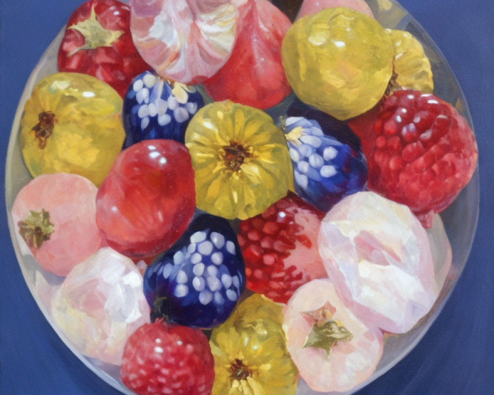 Colorful Fruit Bowl Painting on Blue Background