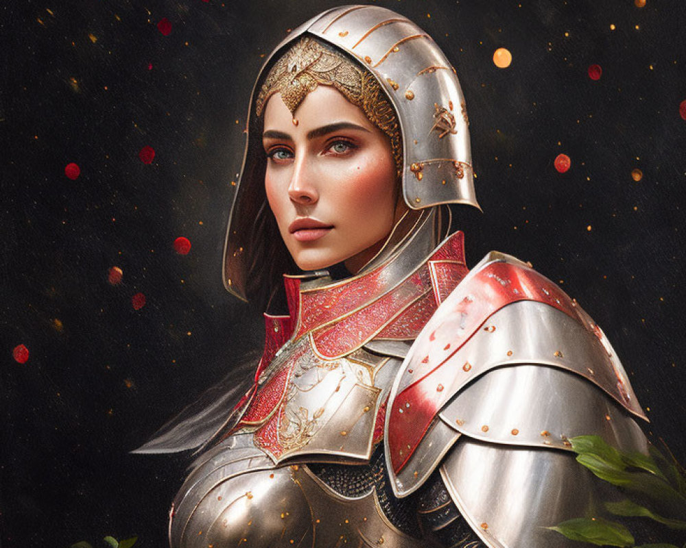 Detailed digital artwork: Woman in medieval armor, dark background with embers and greenery