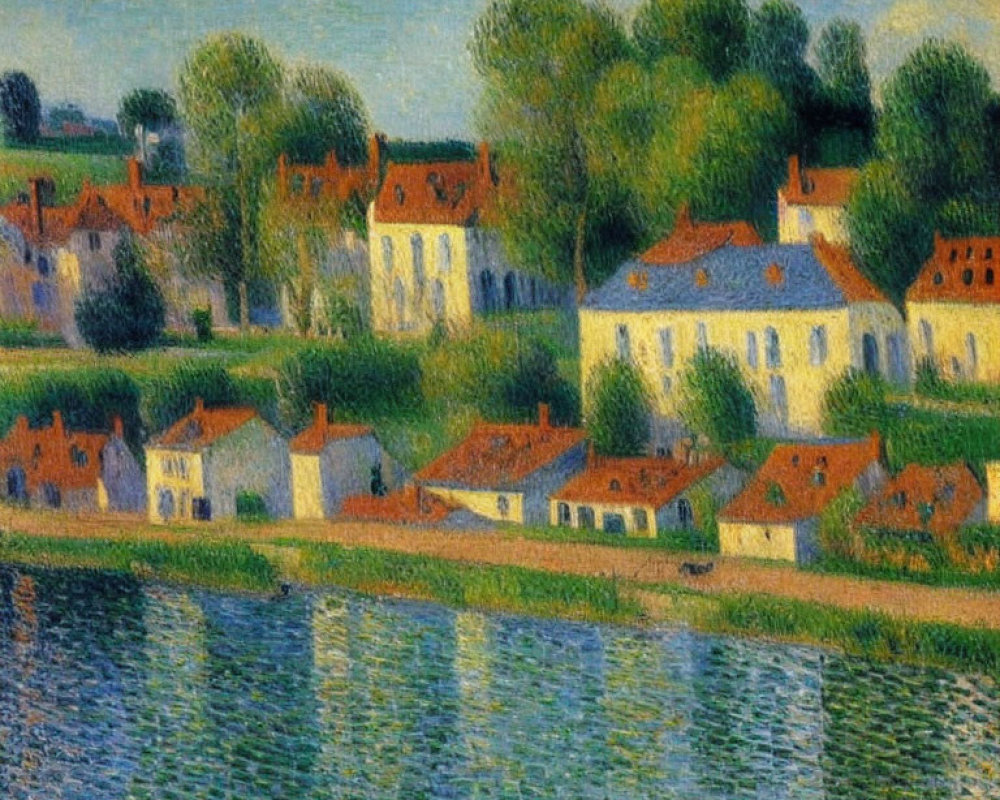 Tranquil riverside village painting with orange-roofed houses and reflection on water