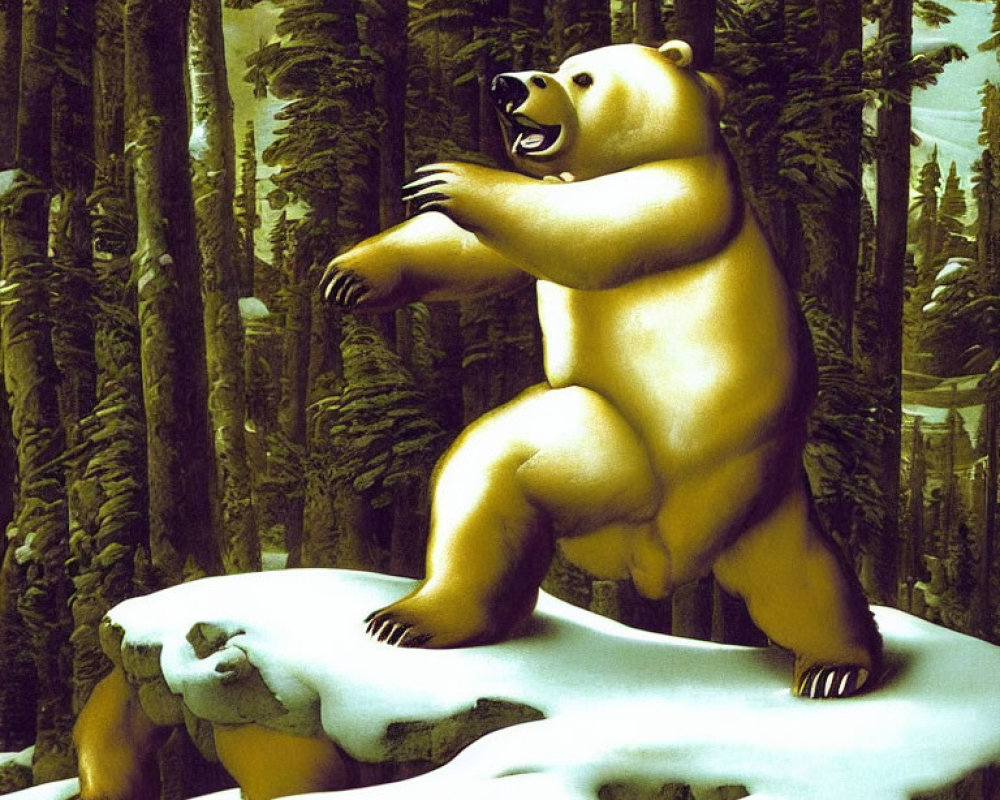 Anthropomorphic polar bear illustration in snowy forest clearing
