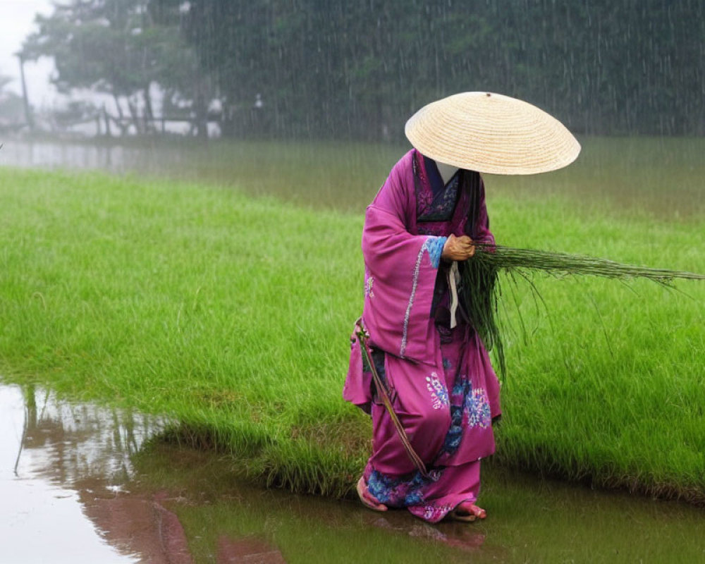 Person in pink kimono and straw hat in green rice paddy holding rice plants
