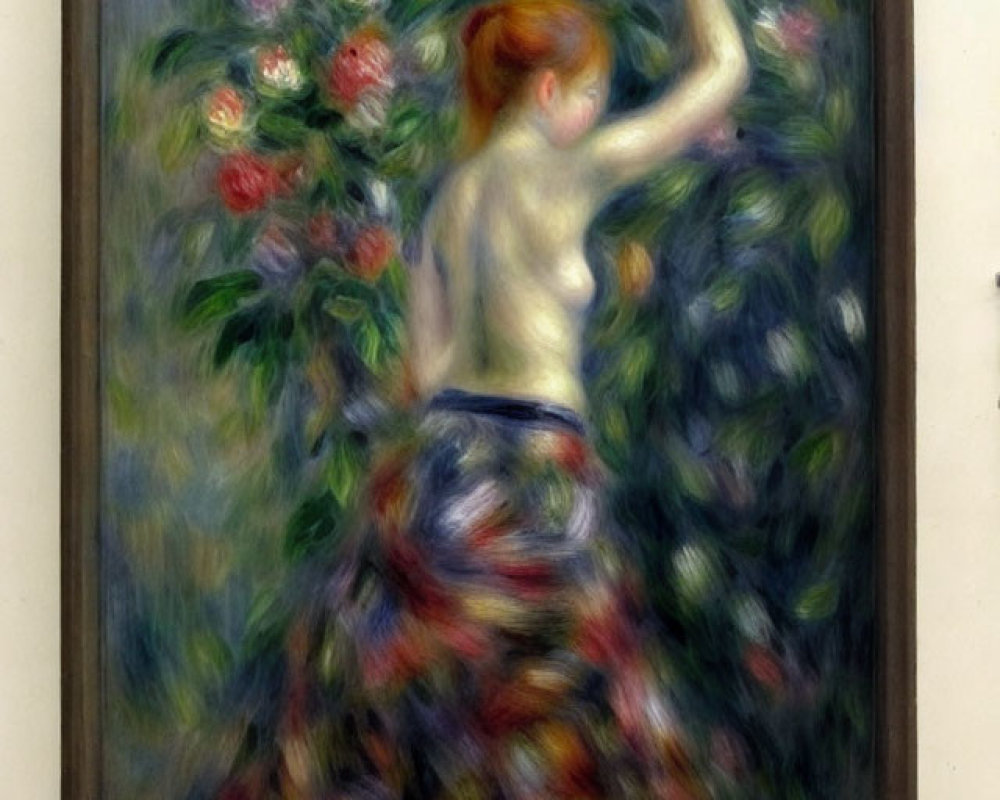 Woman with Red Hair in Colorful Skirt Reaching for Flowers in Garden Painting