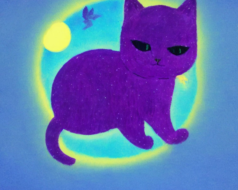 Purple Cat with Green Eyes on Blue Background with Yellow Moon and Silhouetted Bird