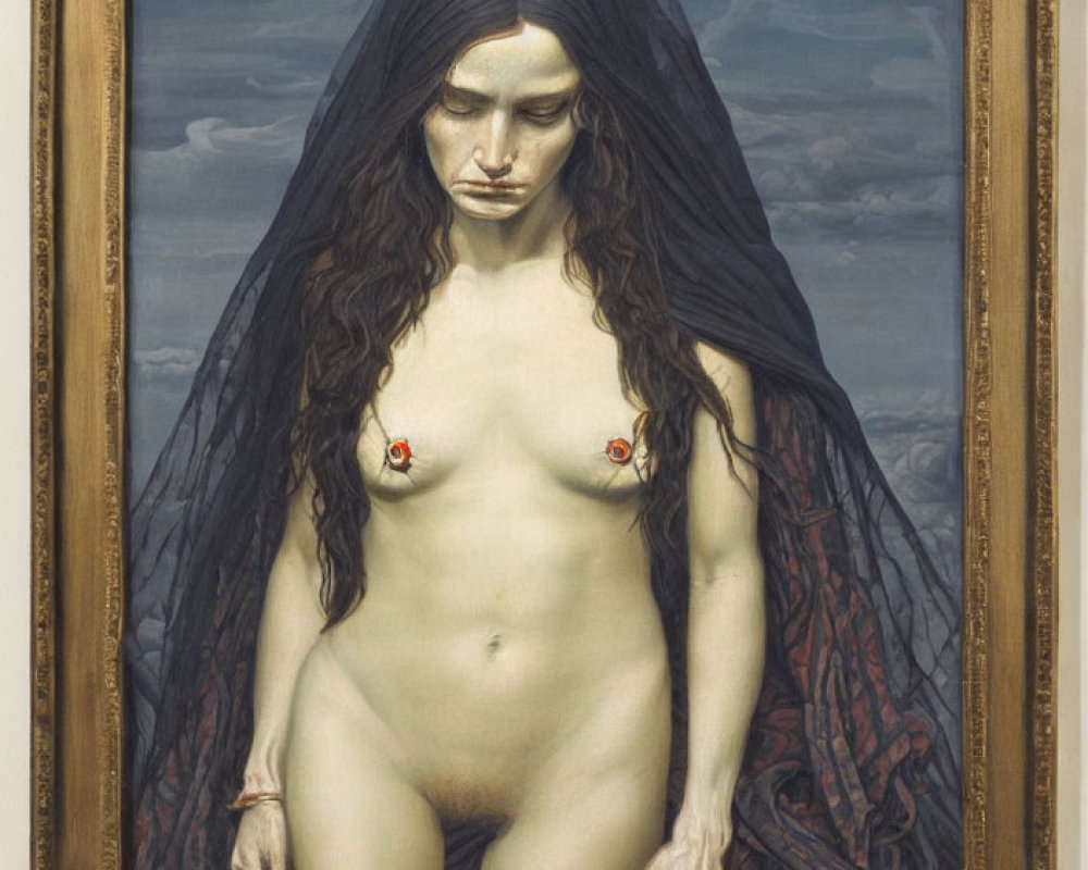 Melancholic nude woman with long dark hair and sheer veil against cloudy sky.