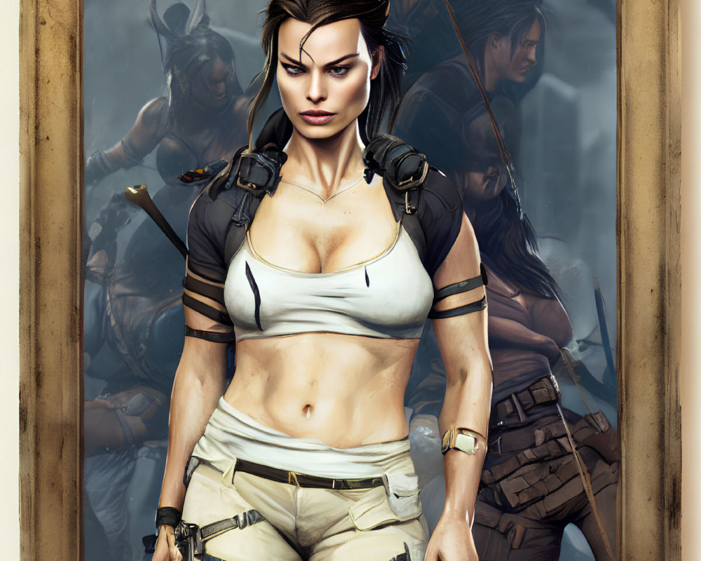 Stylized image of female adventurer with bow and arrows in ornate frame
