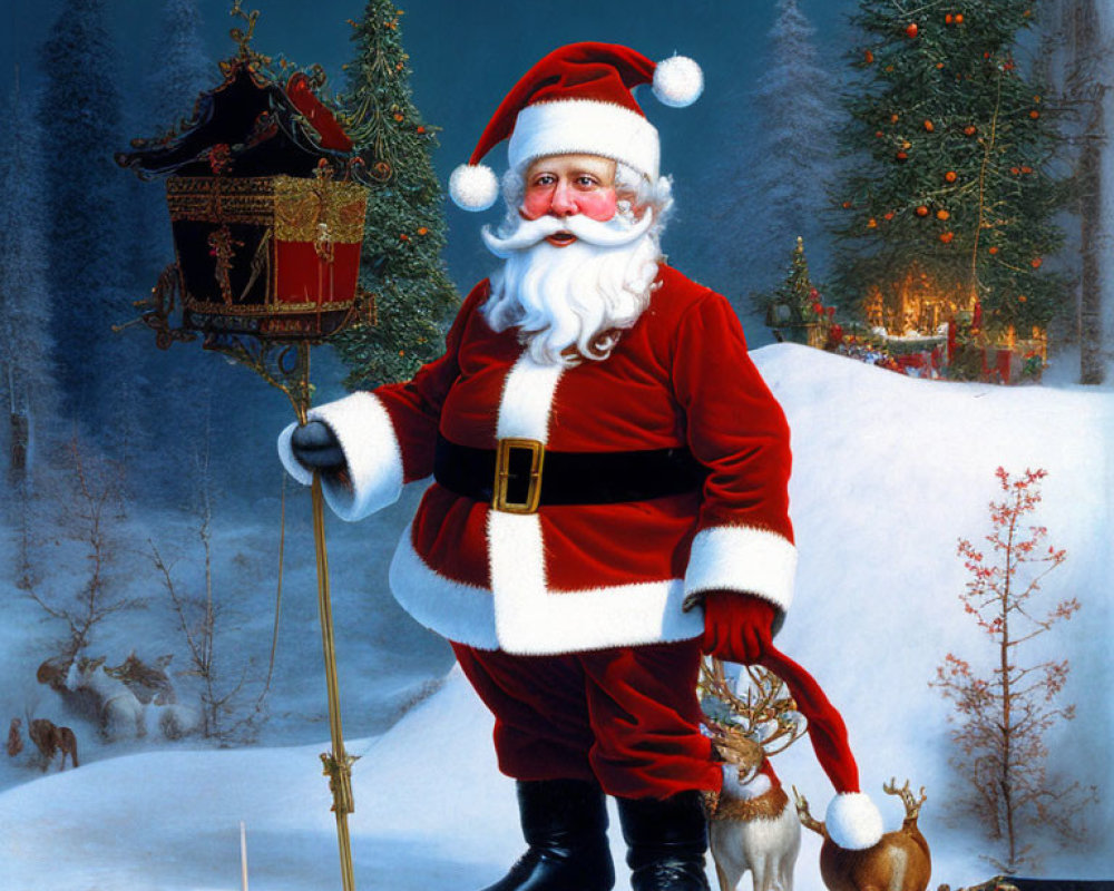Santa Claus with lantern in snowy scene with animals and Christmas tree.