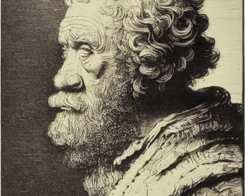 Detailed etching of old man with curly hair and beard in profile.