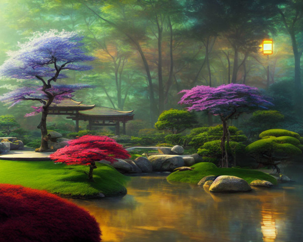 Tranquil Japanese garden with vibrant trees, serene pond, and wooden gazebo